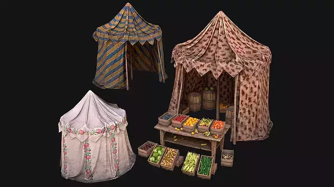 Medieval Market Stalls Cylindrical Tent Fruits Vegetables