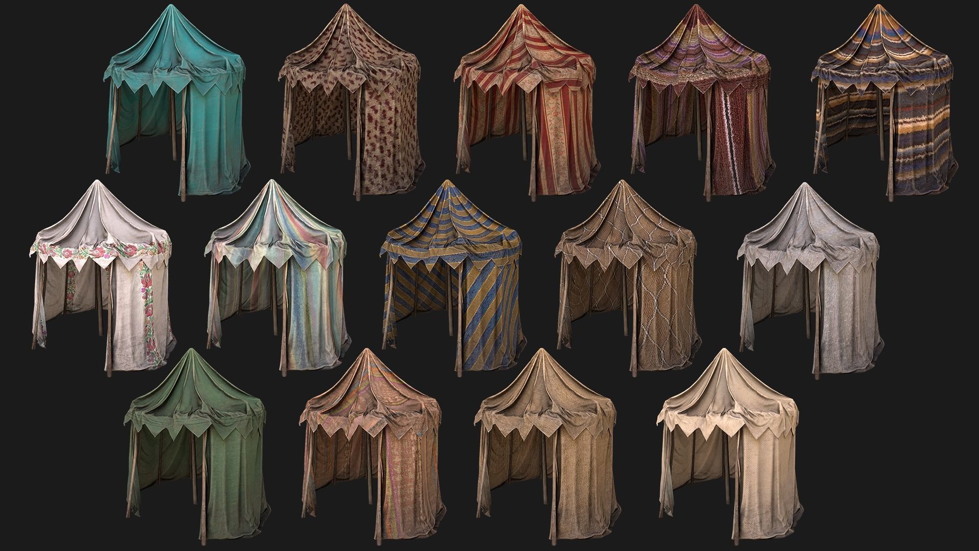 Medieval Market Stalls Cylindrical Tent Fruits Vegetables Low-poly 3D model_9