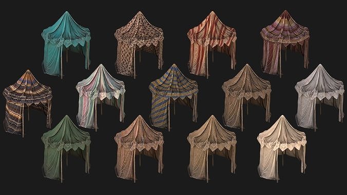 Medieval Market Stalls Cylindrical Tent Fruits Vegetables Low-poly 3D model 2