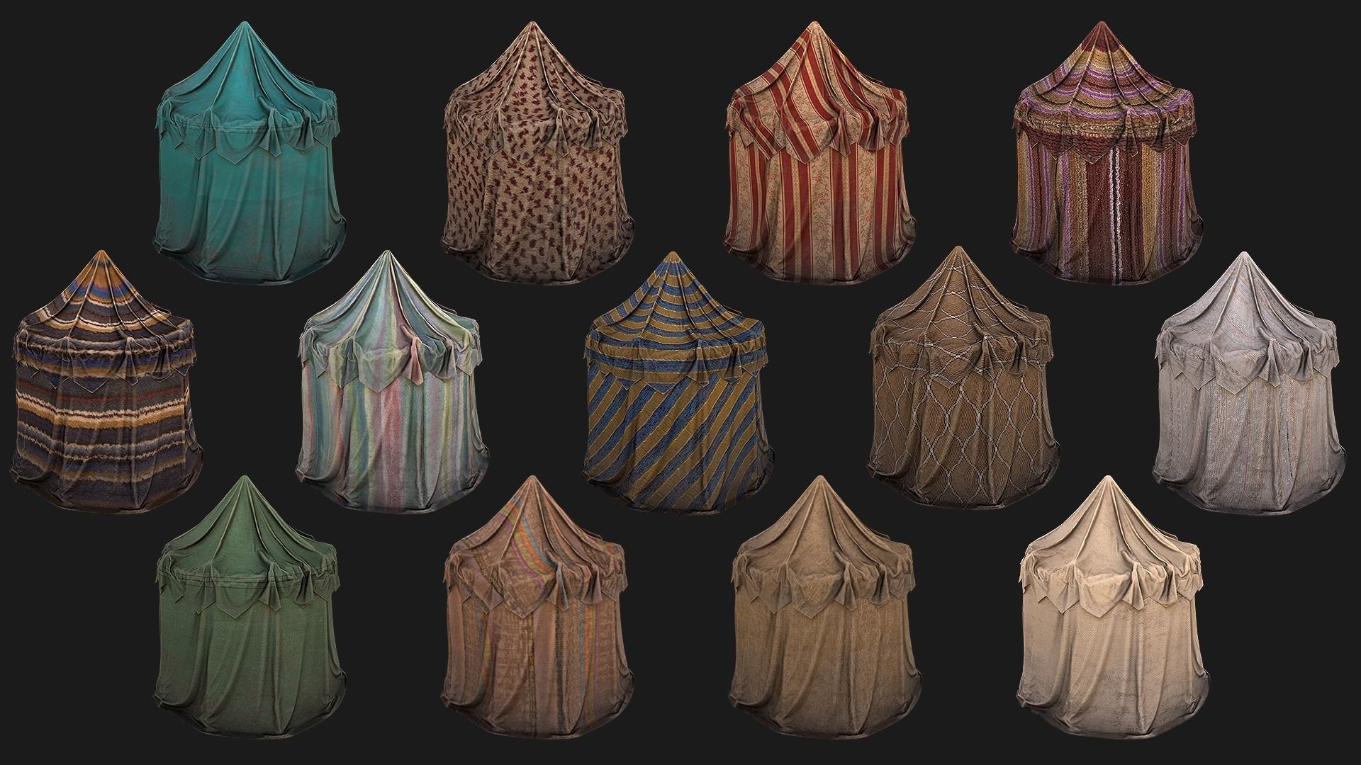 Medieval Market Stalls Cylindrical Tent Fruits Vegetables Low-poly 3D model_10