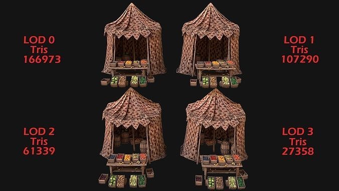 Medieval Market Stalls Cylindrical Tent Fruits Vegetables Low-poly 3D model 4