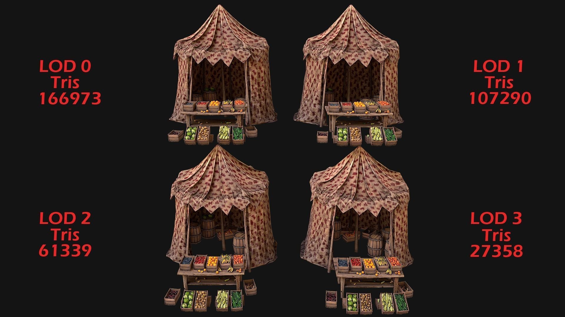 Medieval Market Stalls Cylindrical Tent Fruits Vegetables Low-poly 3D model_4