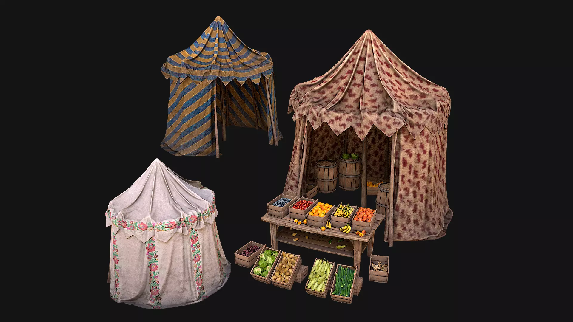 Medieval Market Stalls Cylindrical Tent Fruits Vegetables Low-poly 3D model_0