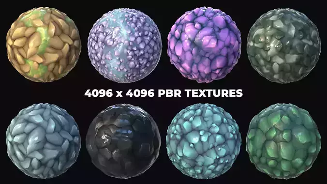 8 Stylized and Seamless Crystals and Rocks PBR Materials - Set 4