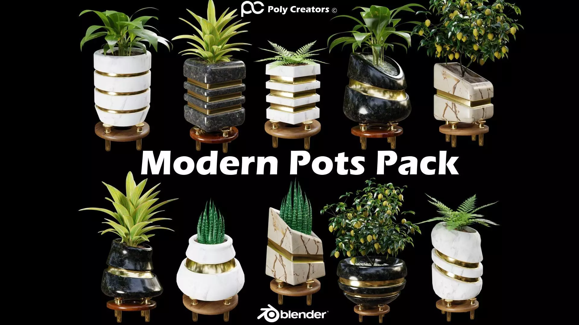 Modern Pots Pack Low-poly 3D model_0