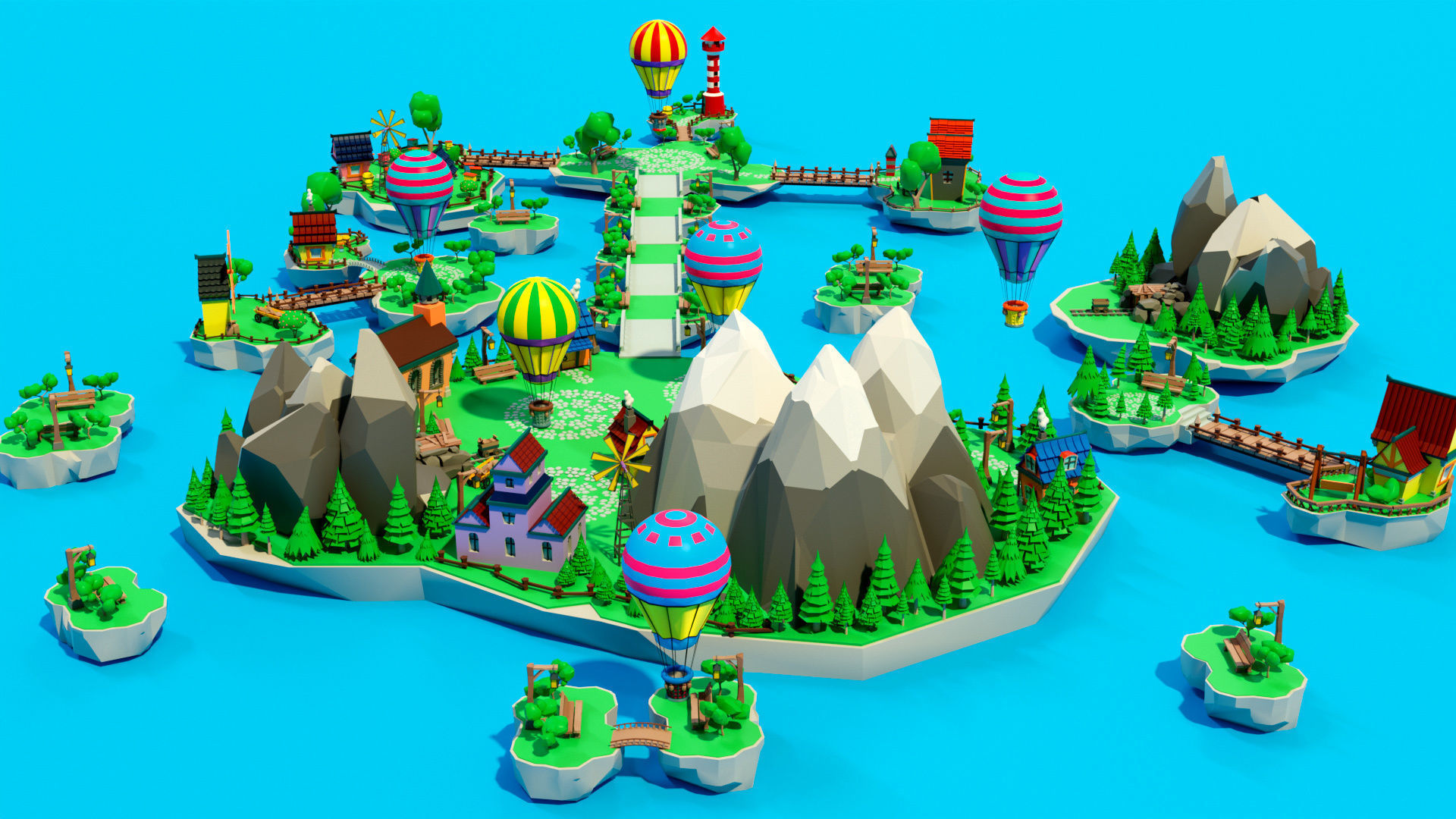 Cartoon sea village Low-poly 3D model_3