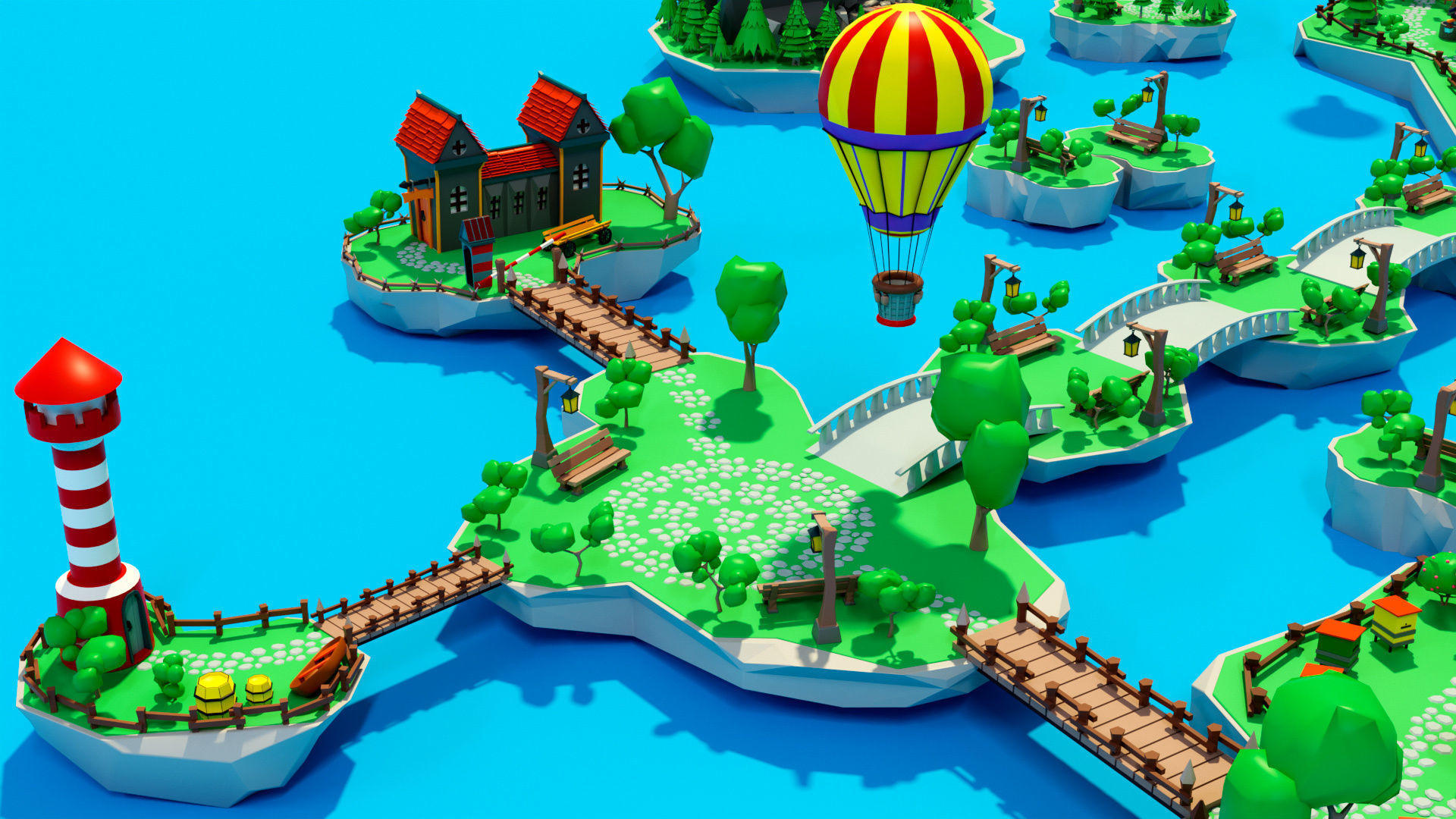 Cartoon sea village Low-poly 3D model_4