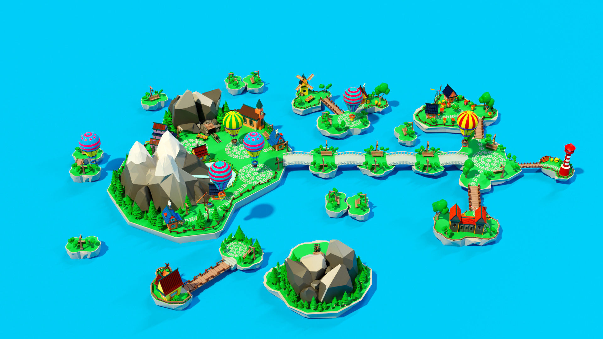 Cartoon sea village Low-poly 3D model_1