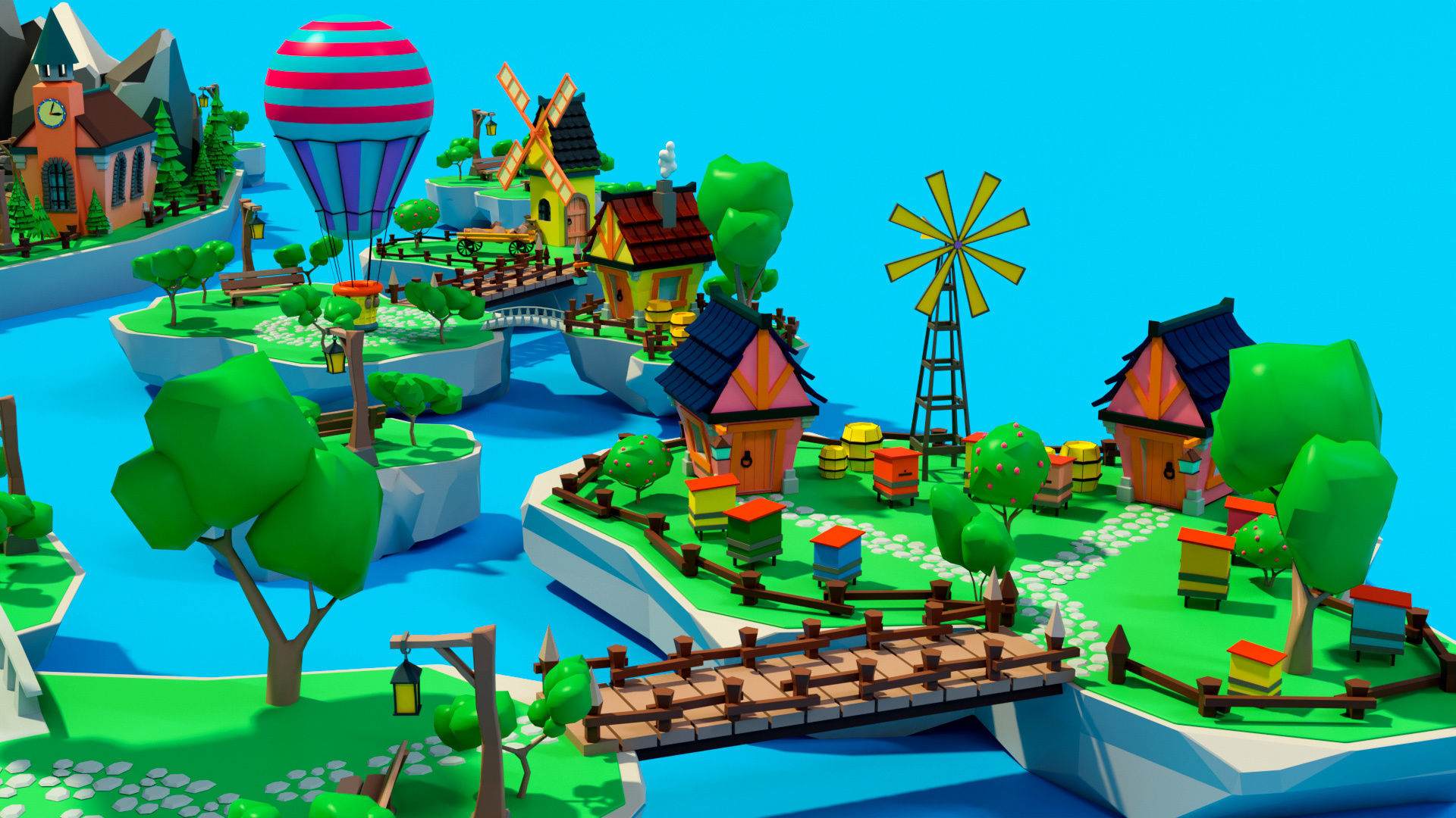 Cartoon sea village Low-poly 3D model_5