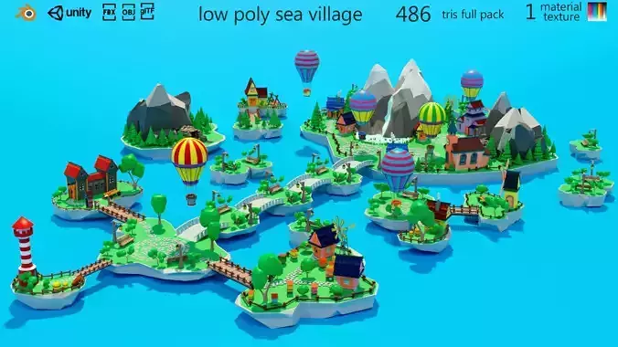 Cartoon sea village Low-poly 3D model