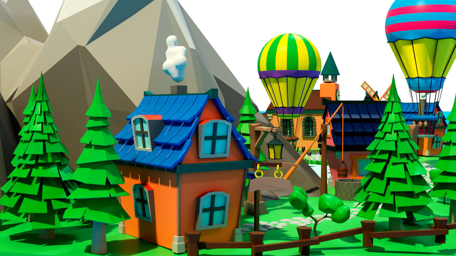 Cartoon sea village Low-poly 3D model_11
