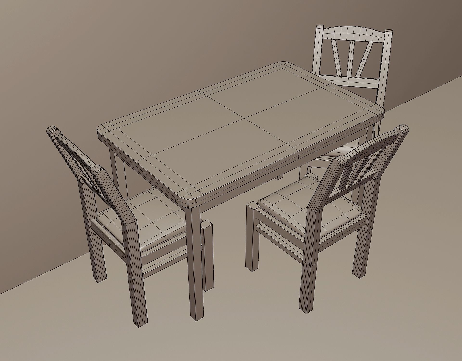 Simple kitchen set with a table and three chairs Low-poly 3D model_5