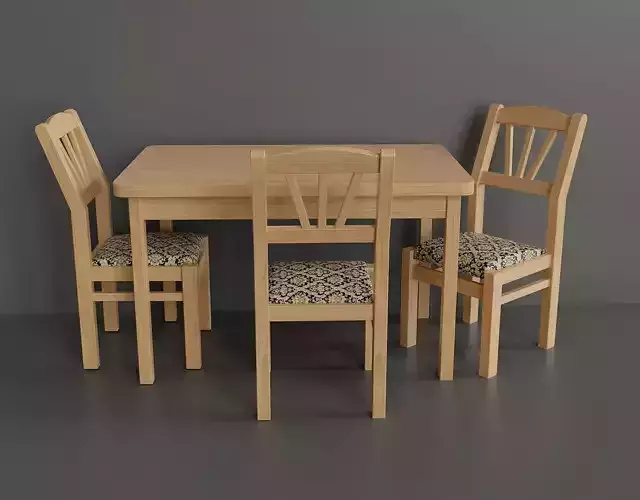 Simple kitchen set with a table and three chairs Low-poly 3D model