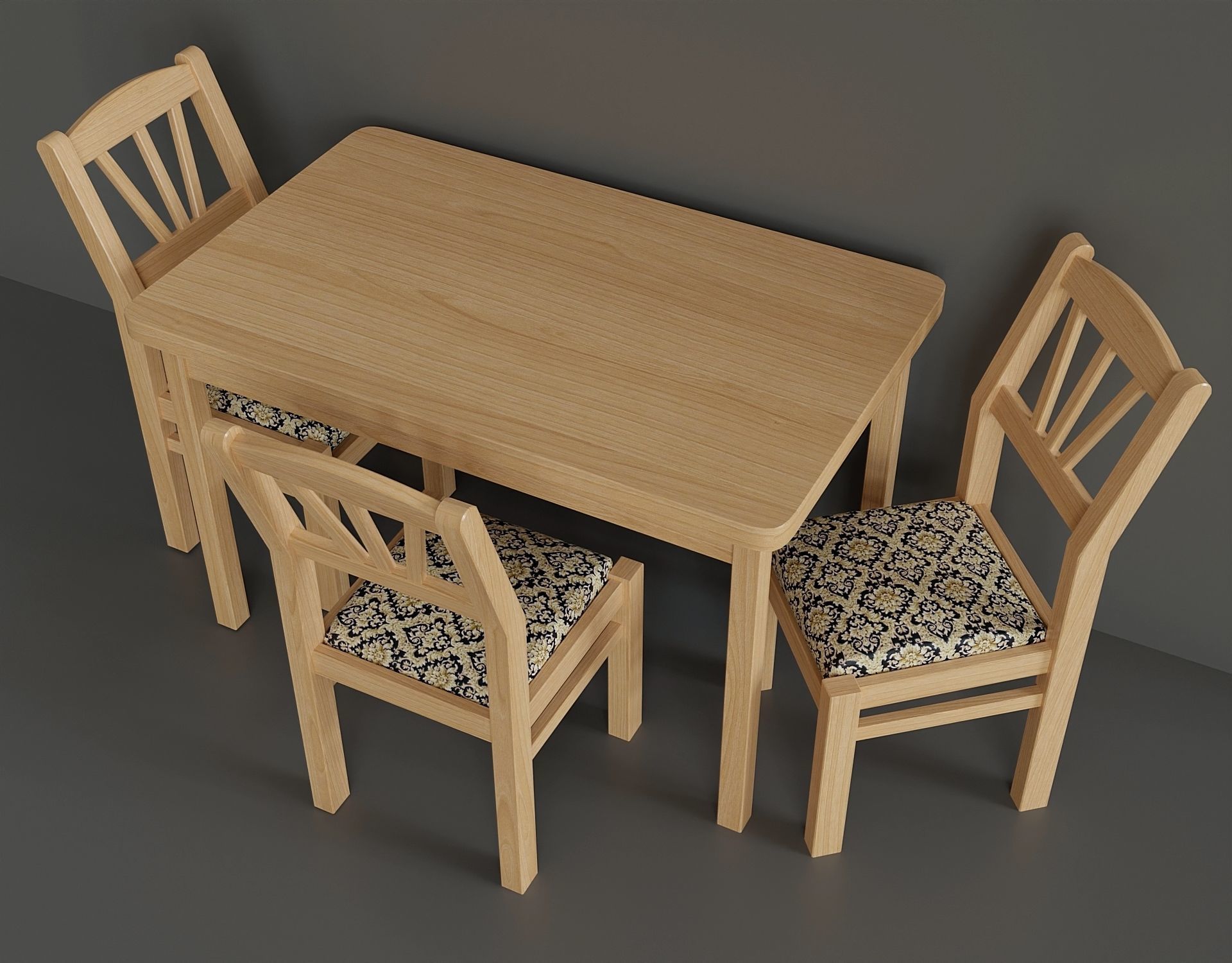 Simple kitchen set with a table and three chairs Low-poly 3D model_3