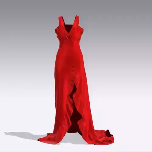 DRESS RUFFLED ASYMETRIC SLIT SKIRT V NECKLINE