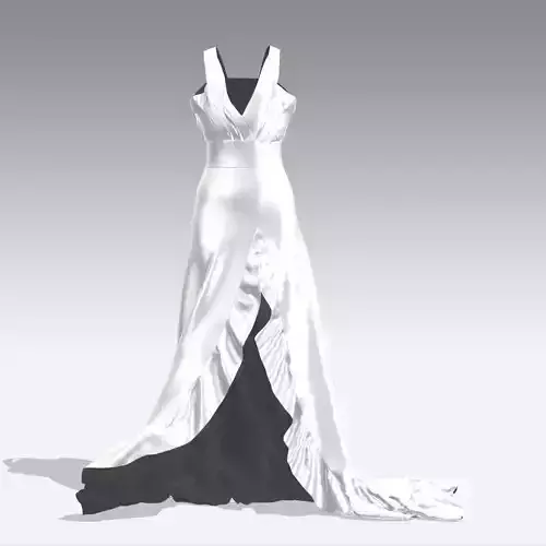 DRESS RUFFLED ASYMETRIC SLIT SKIRT V NECKLINE  