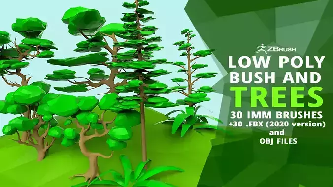 30 Low poly tree and bush base mesh IMM brush set for Zbrush