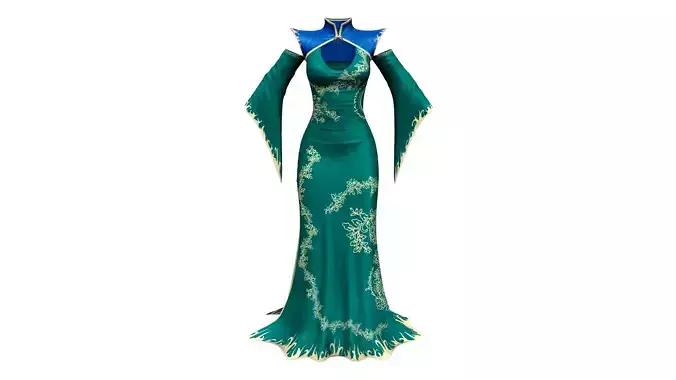 Royal Green Blue Gold Gild Long Gown Dress