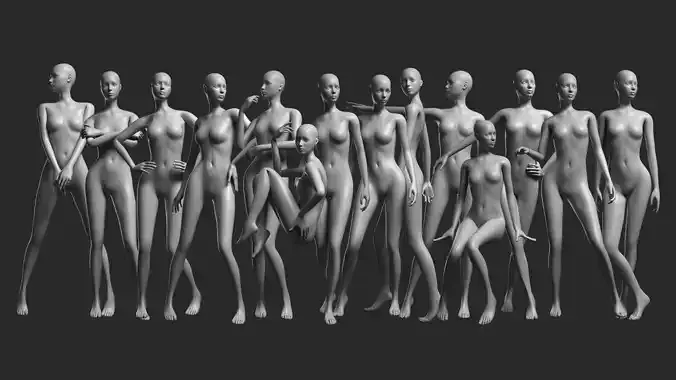 Animated Female Base Mesh - 14 poses Low-poly 3D model