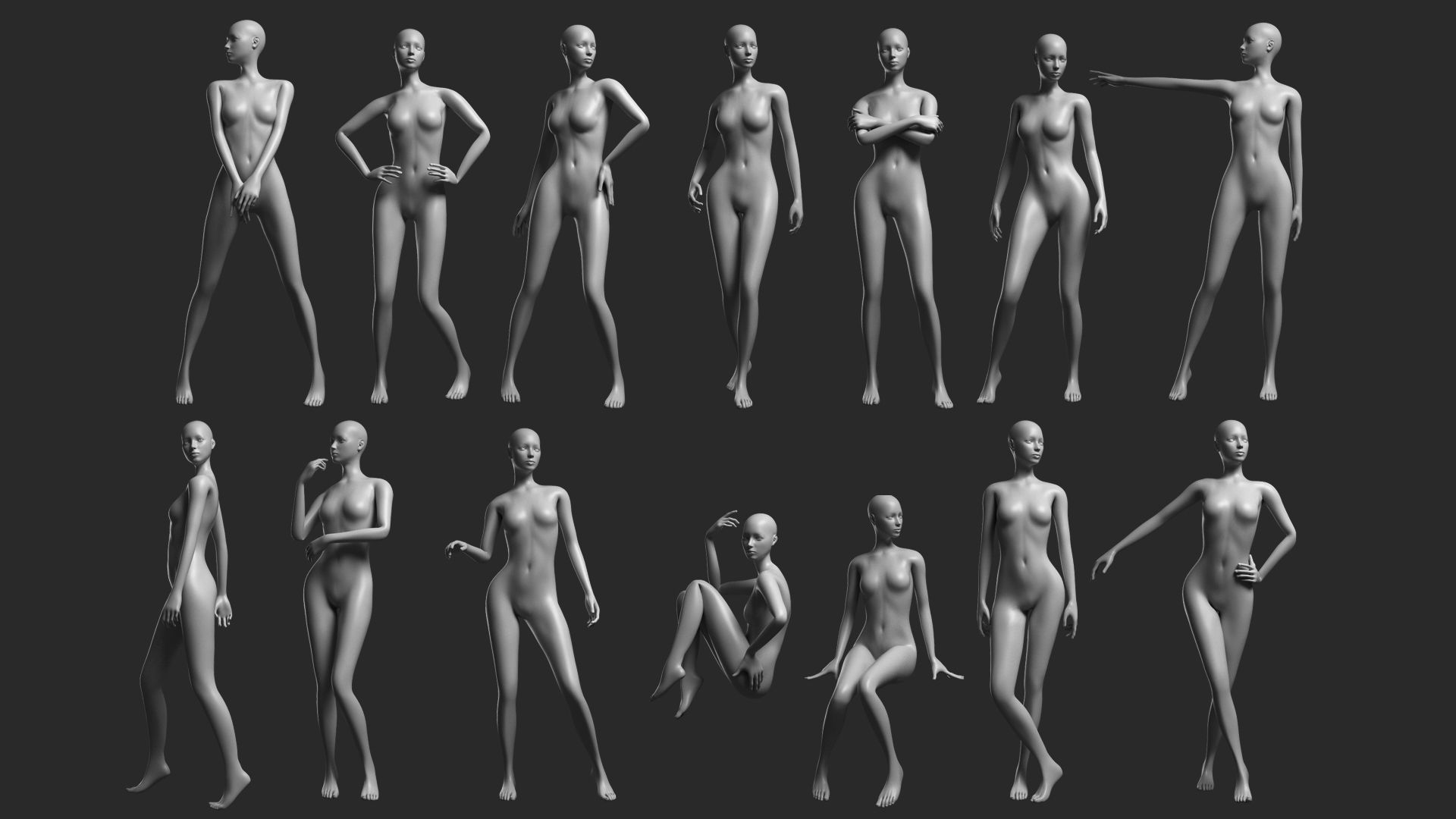 Animated Female Base Mesh - 14 poses Low-poly 3D model_3