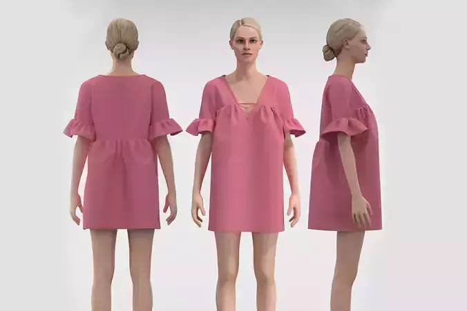 Linen Dress with Ruffle Sleeve Detail