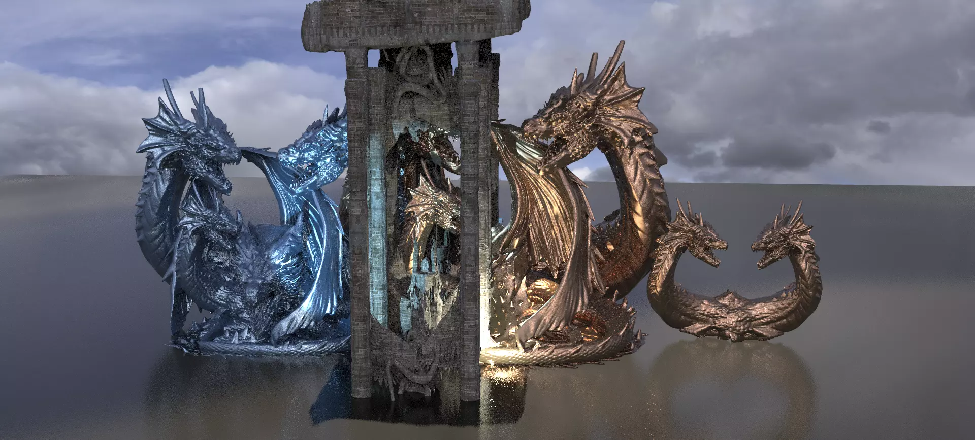 Fallen Angel Blood Font Monoliths with Dragon Statue 3D model