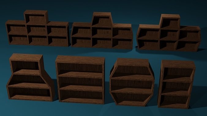 Seven Wooden Bookshelves Low-poly 3D model