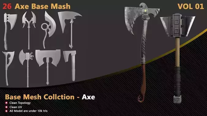 26 Axe Base Mesh - VOL 01 - Clean UV and Topology  Low-poly 3D model