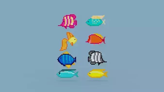 Pixel Fish Collection Low-poly 3D model