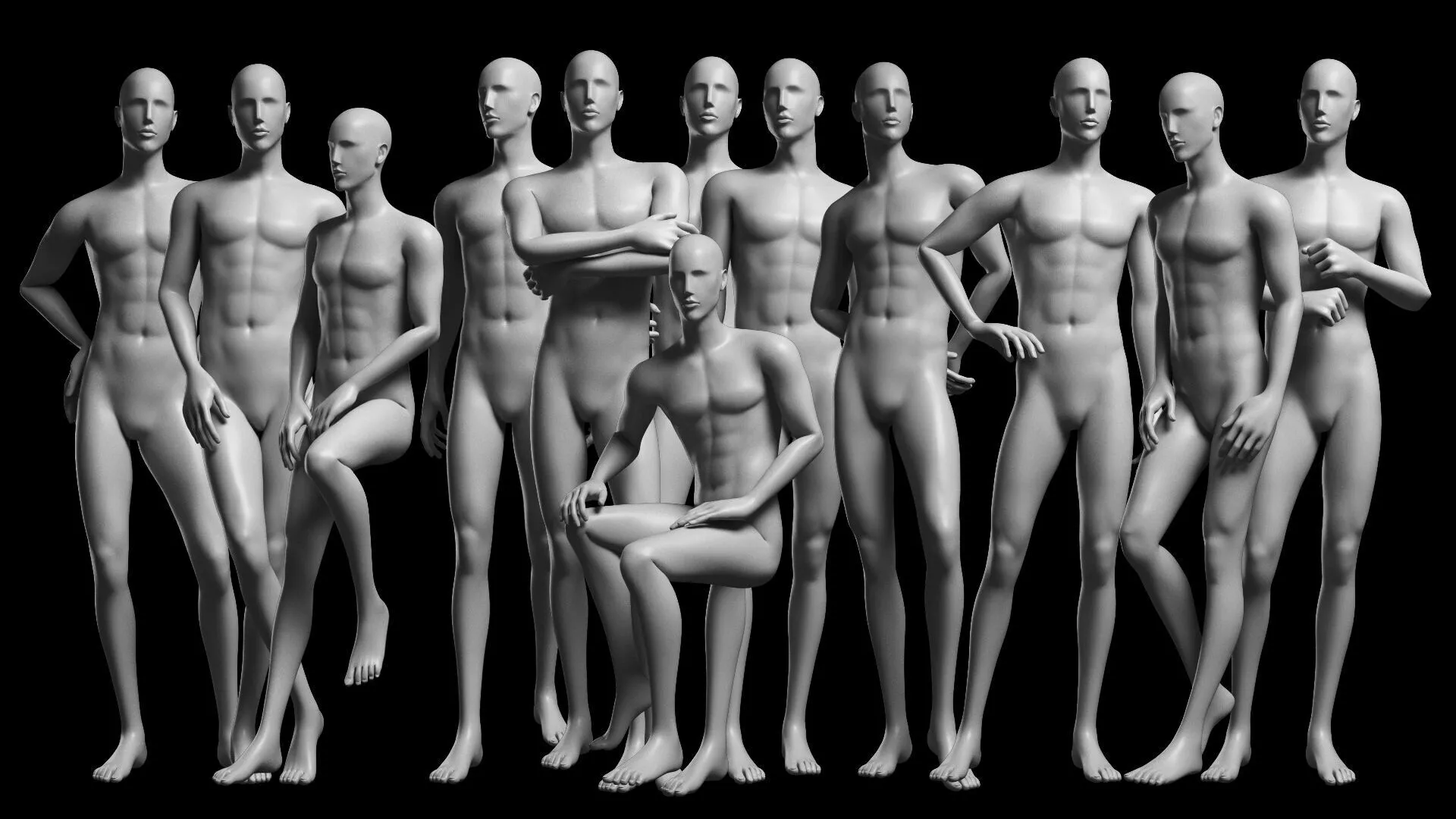 Animated Male Base Mesh v2- 12 poses Low-poly 3D model