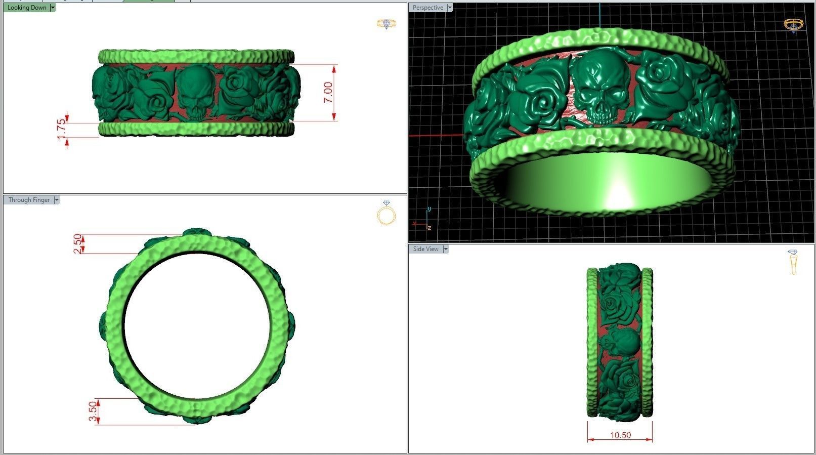 Forged Roses Skull Pattern Hammered Ring 3D print model_7
