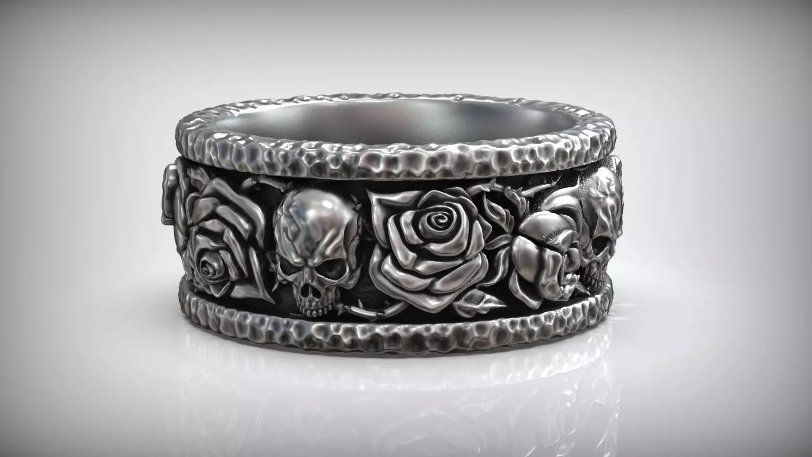 Forged Roses Skull Pattern Hammered Ring 3D print model_0