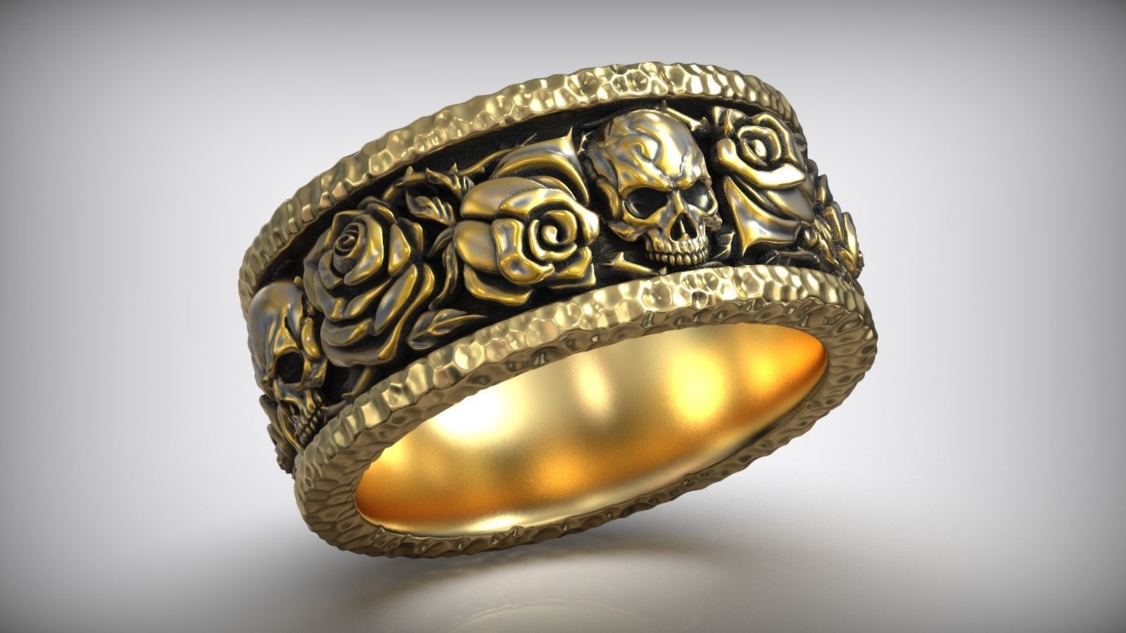Forged Roses Skull Pattern Hammered Ring 3D print model_3