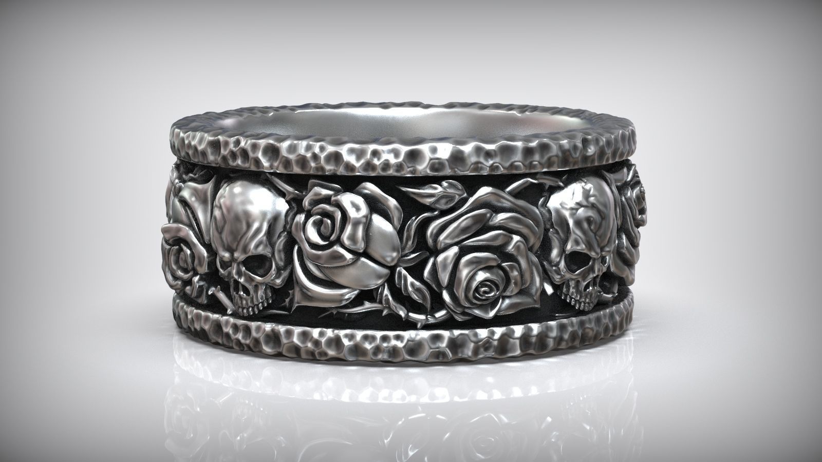 Forged Roses Skull Pattern Hammered Ring 3D print model_2
