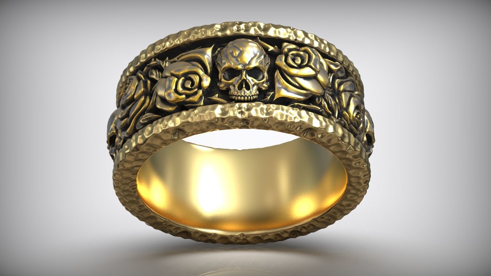 Forged Roses Skull Pattern Hammered Ring 3D print model_1