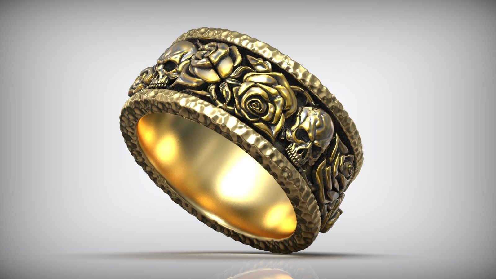 Forged Roses Skull Pattern Hammered Ring 3D print model_5