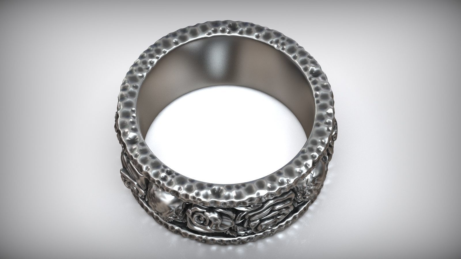 Forged Roses Skull Pattern Hammered Ring 3D print model_6