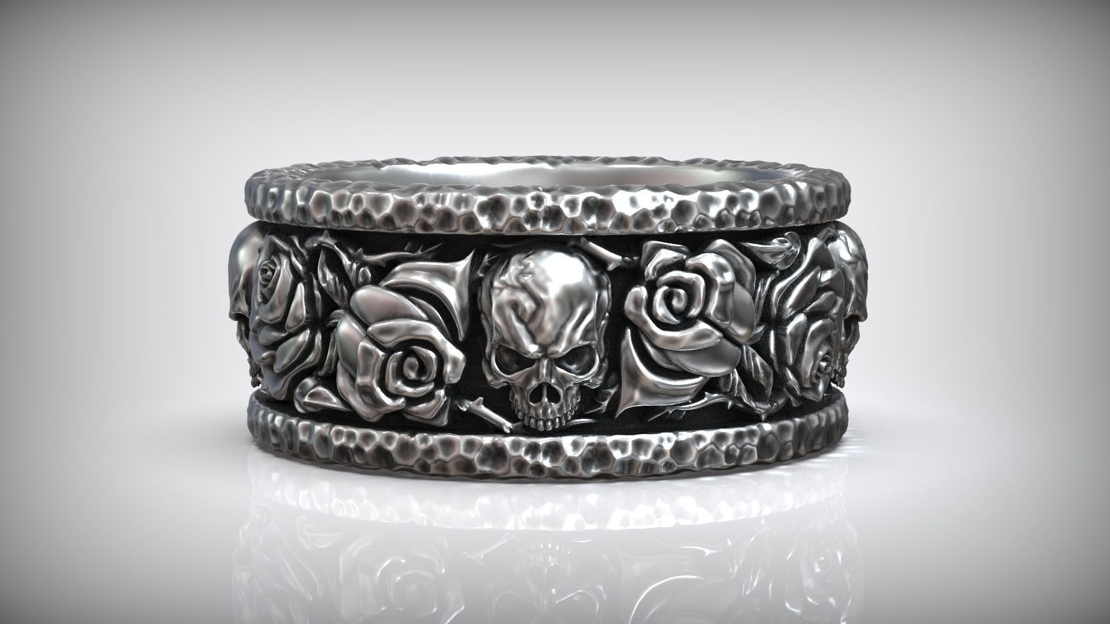 Forged Roses Skull Pattern Hammered Ring 3D print model_4