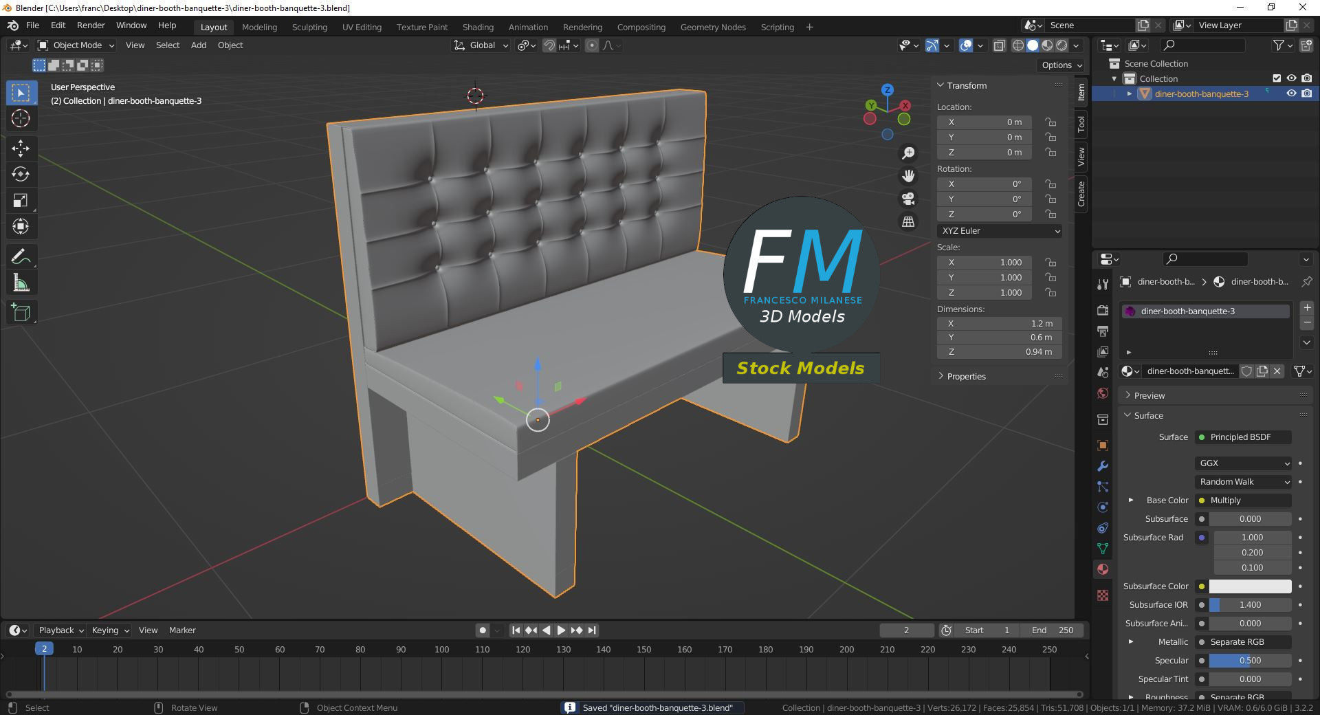 Diner booth banquette 3 3D model_9