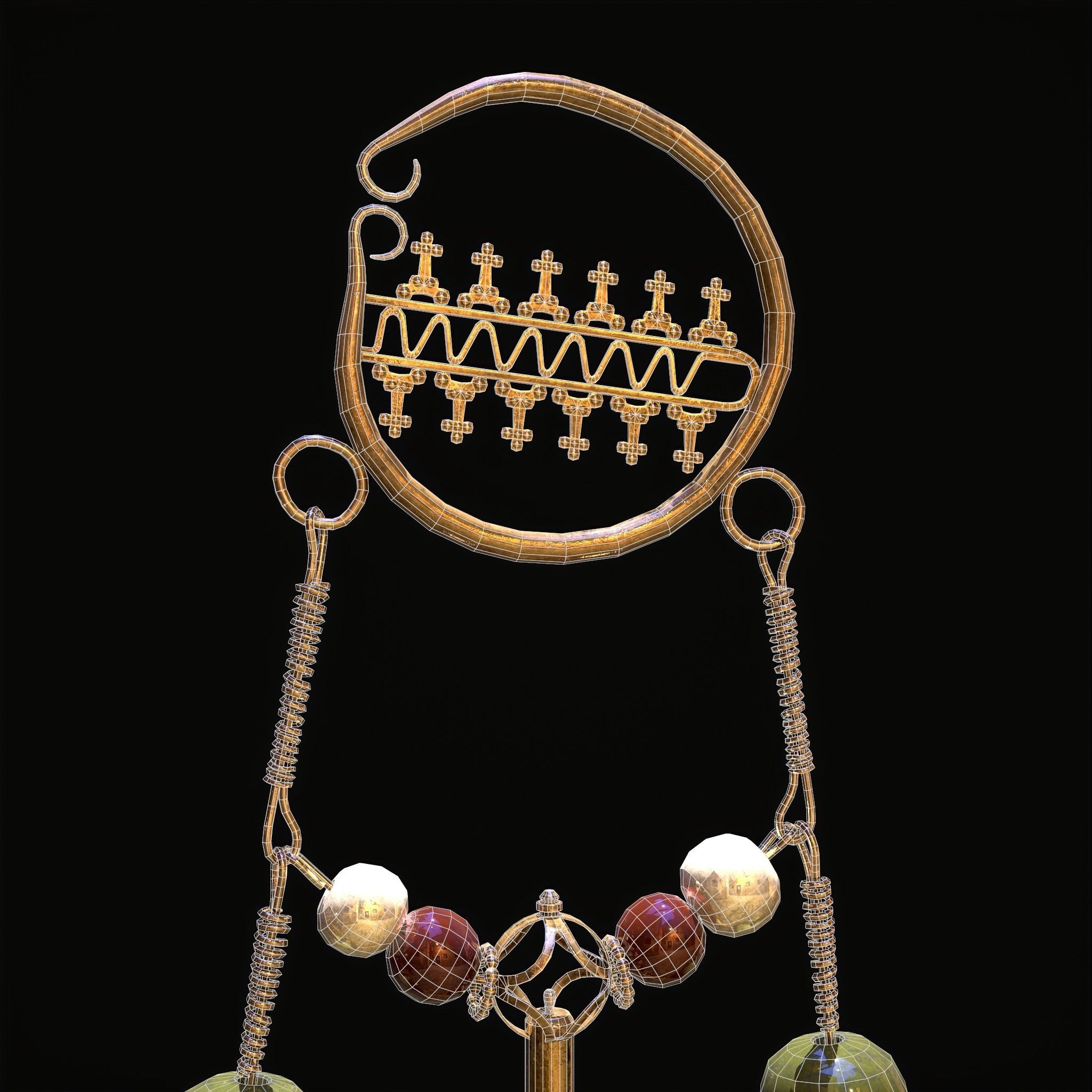 Medieval Hanging Bead Tassel Earrings Low-poly 3D model_6