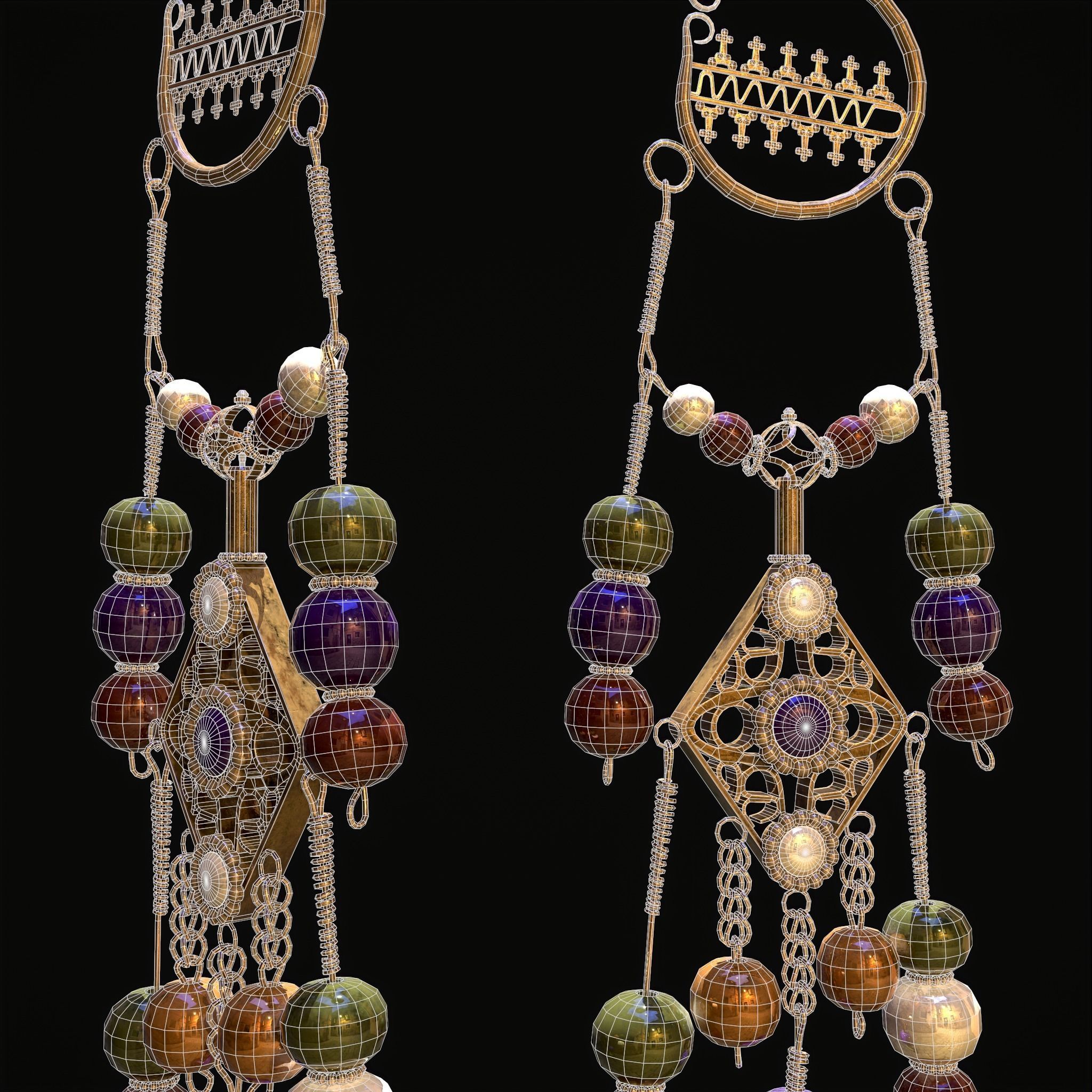 Medieval Hanging Bead Tassel Earrings Low-poly 3D model_4