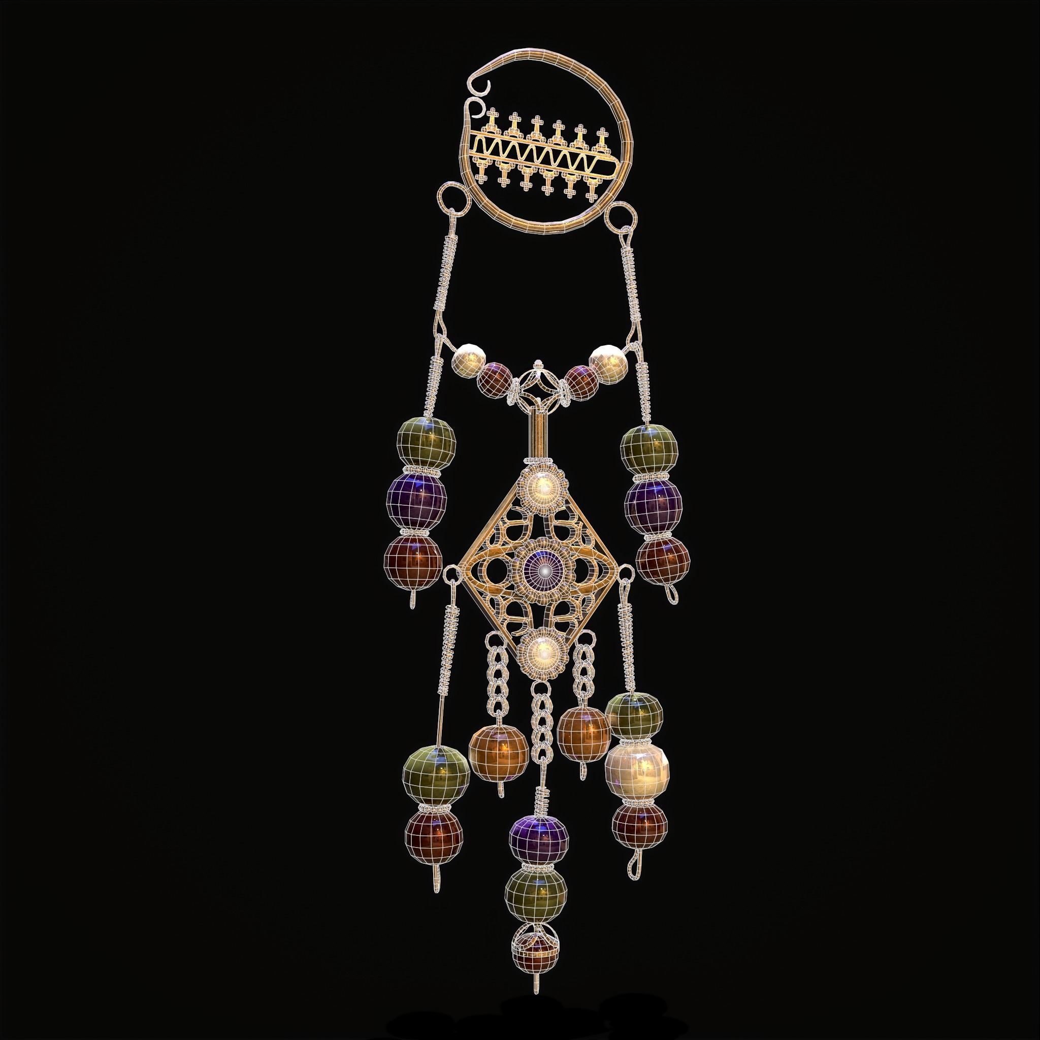 Medieval Hanging Bead Tassel Earrings Low-poly 3D model_12