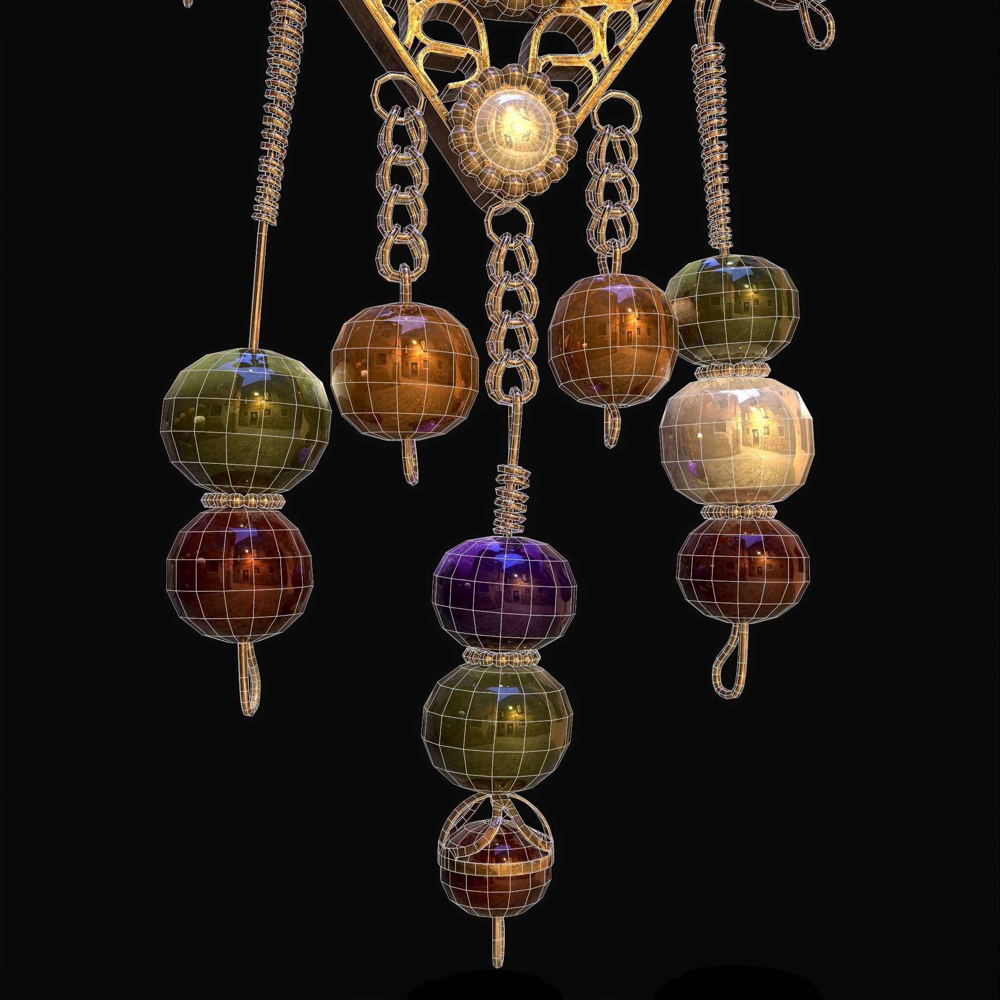 Medieval Hanging Bead Tassel Earrings Low-poly 3D model_10