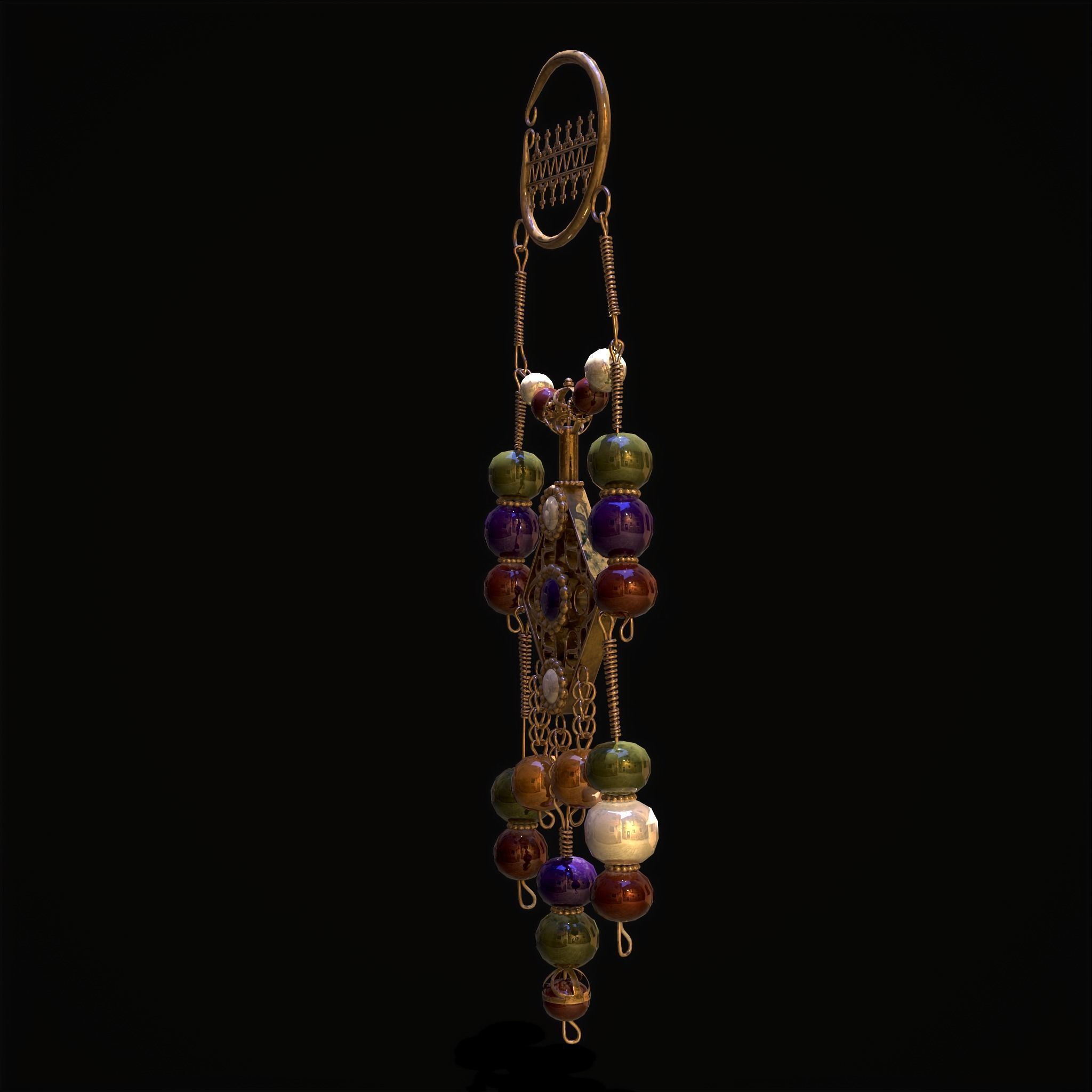 Medieval Hanging Bead Tassel Earrings Low-poly 3D model_18