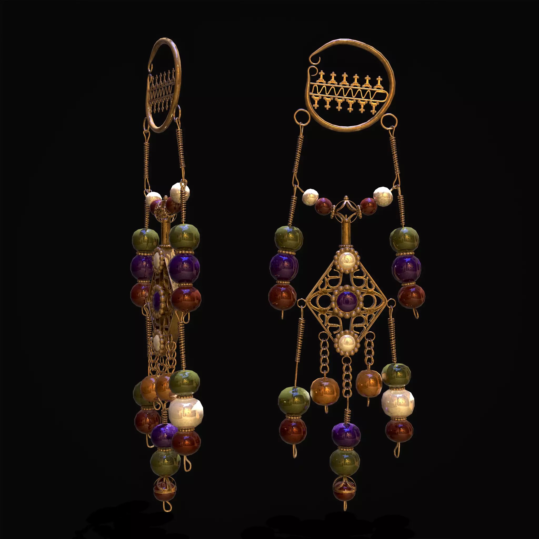 Medieval Hanging Bead Tassel Earrings Low-poly 3D model_0
