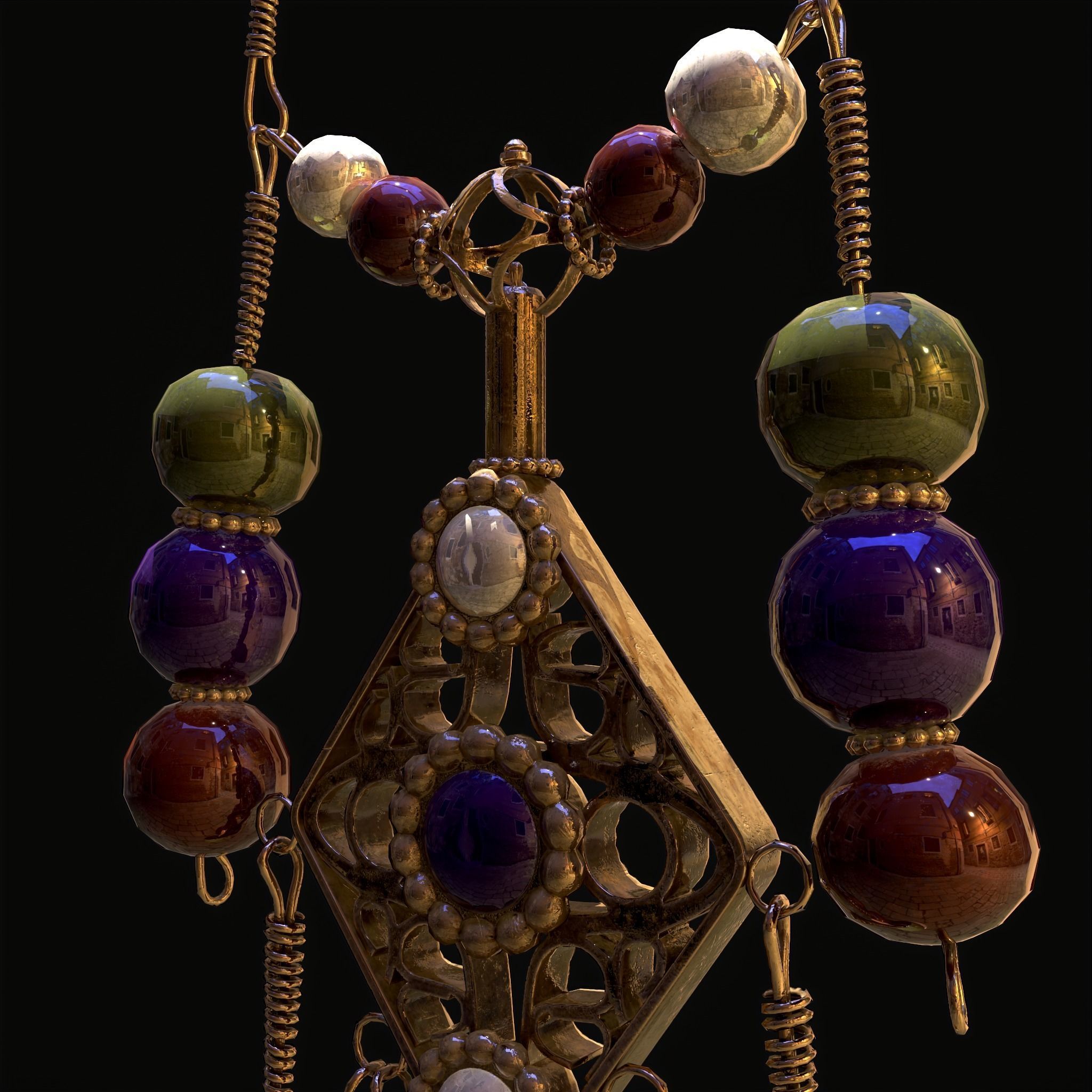 Medieval Hanging Bead Tassel Earrings Low-poly 3D model_20