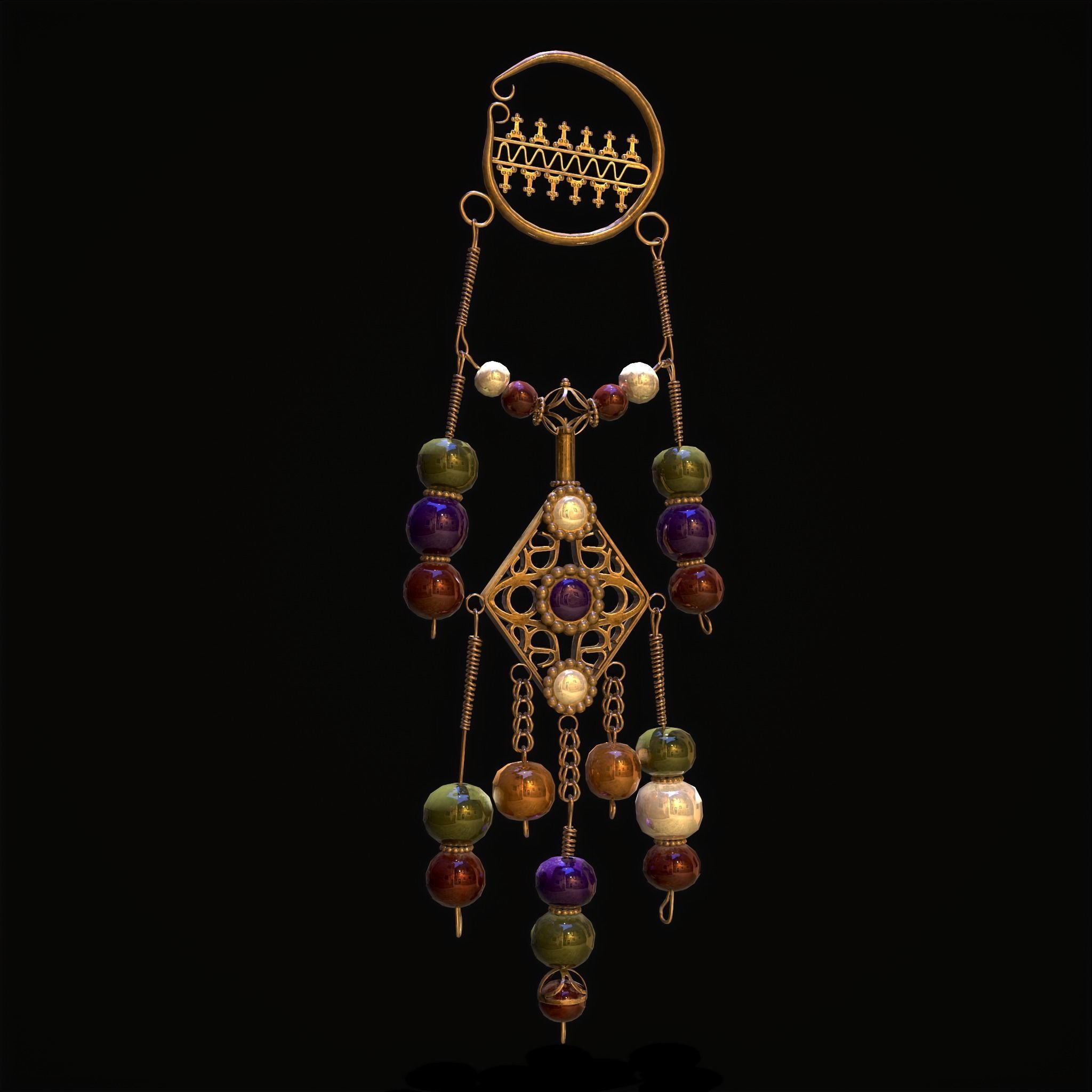 Medieval Hanging Bead Tassel Earrings Low-poly 3D model_11
