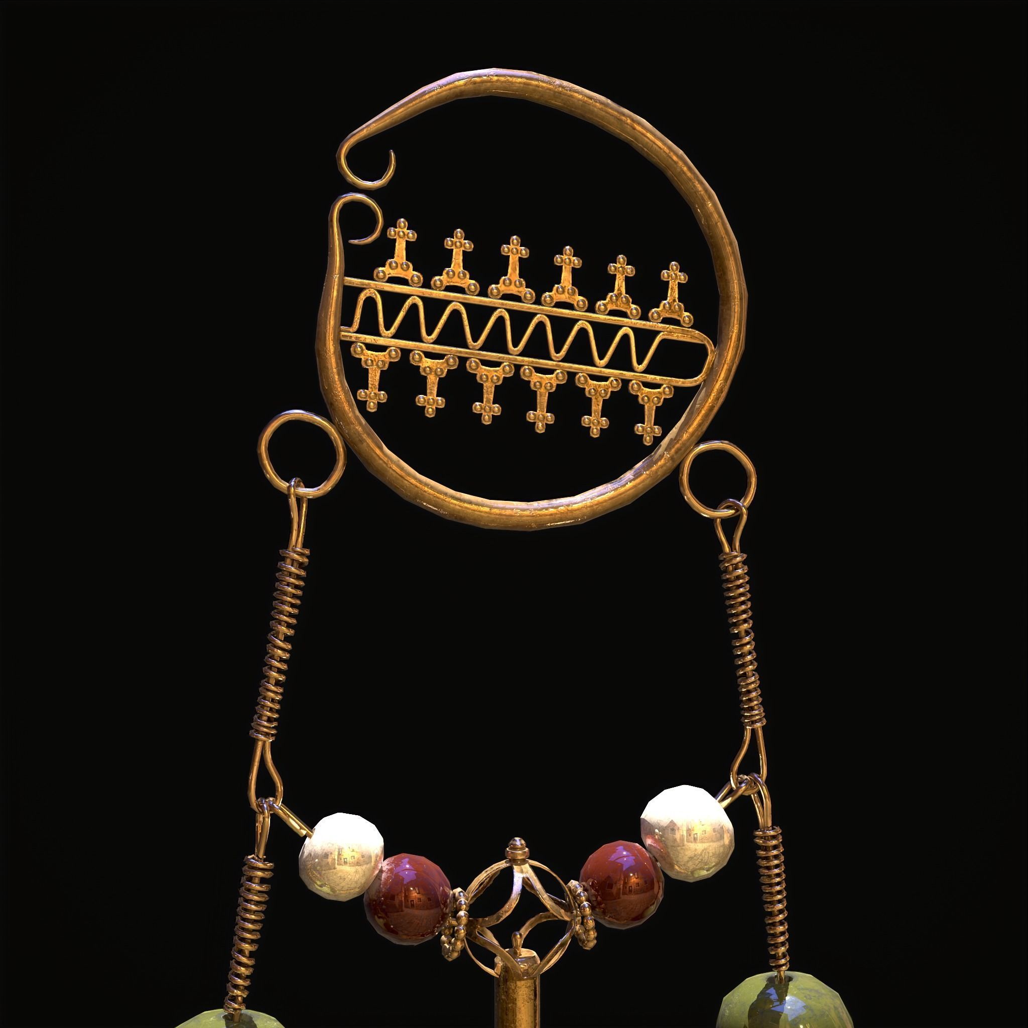 Medieval Hanging Bead Tassel Earrings Low-poly 3D model_5