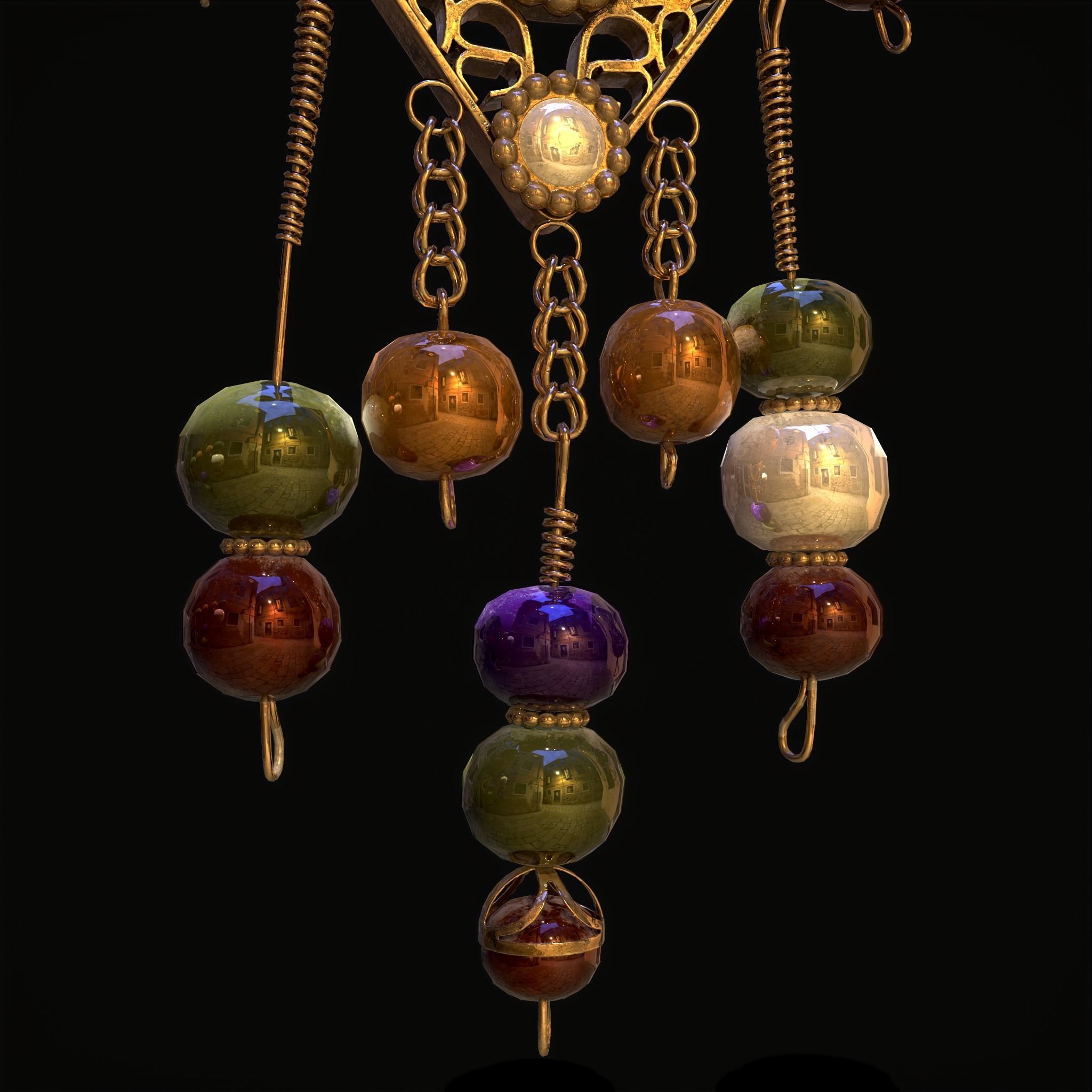 Medieval Hanging Bead Tassel Earrings Low-poly 3D model_9