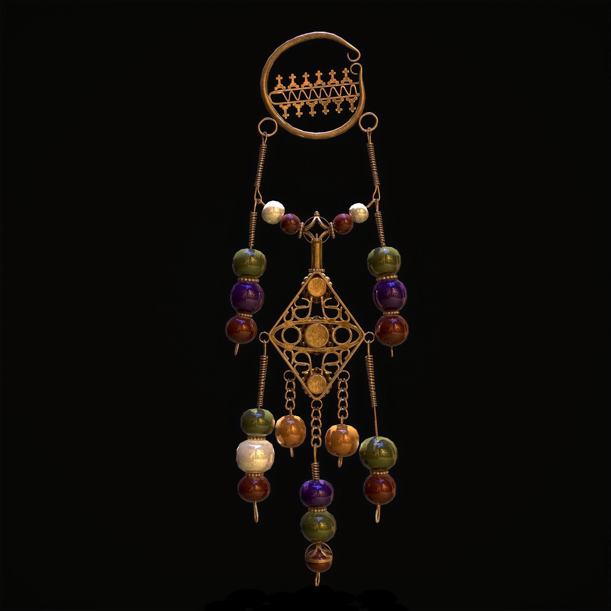 Medieval Hanging Bead Tassel Earrings Low-poly 3D model_16